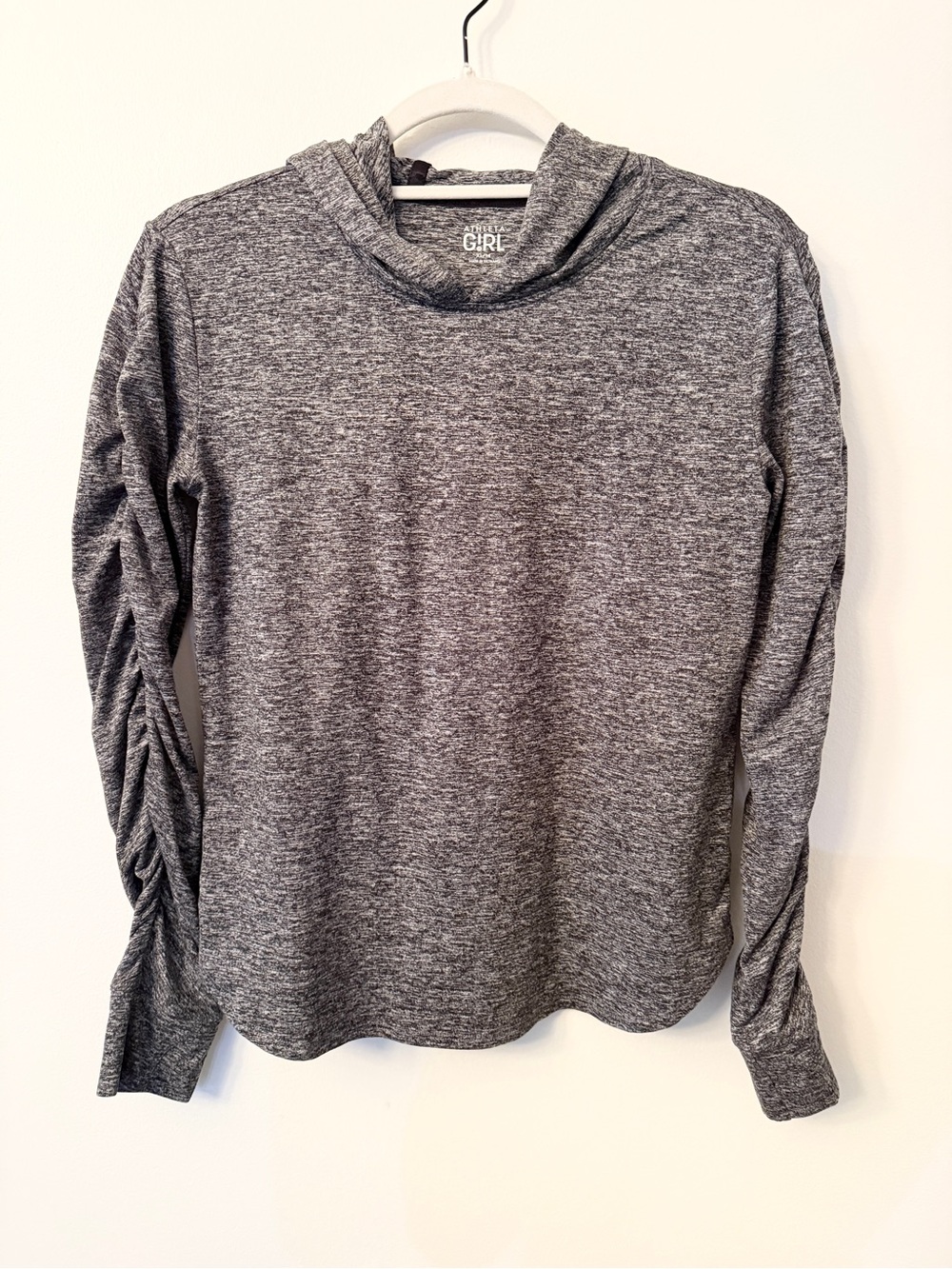 Athleta‎ Girl Gray Hooded Ruched Sleeve Active Top XL 14